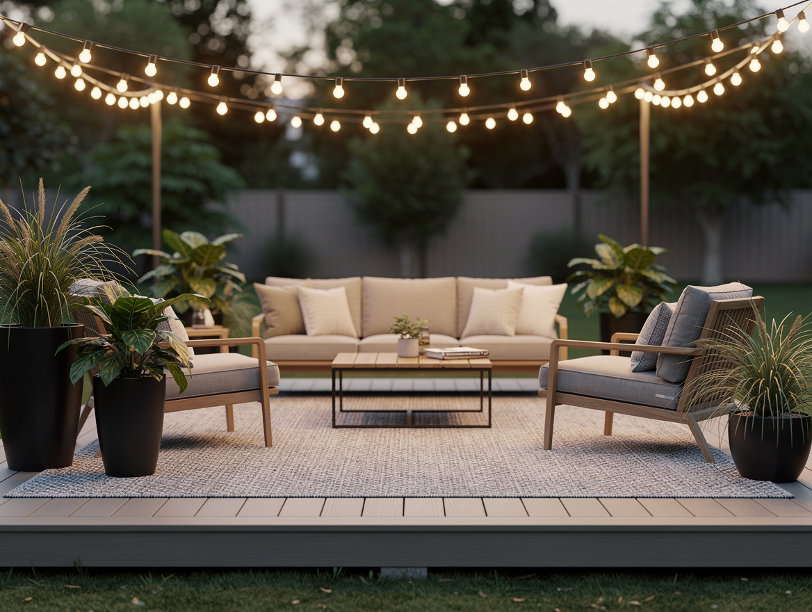 Medium shot of a backyard lounge zone on a raised deck pod with an outdoor rug,