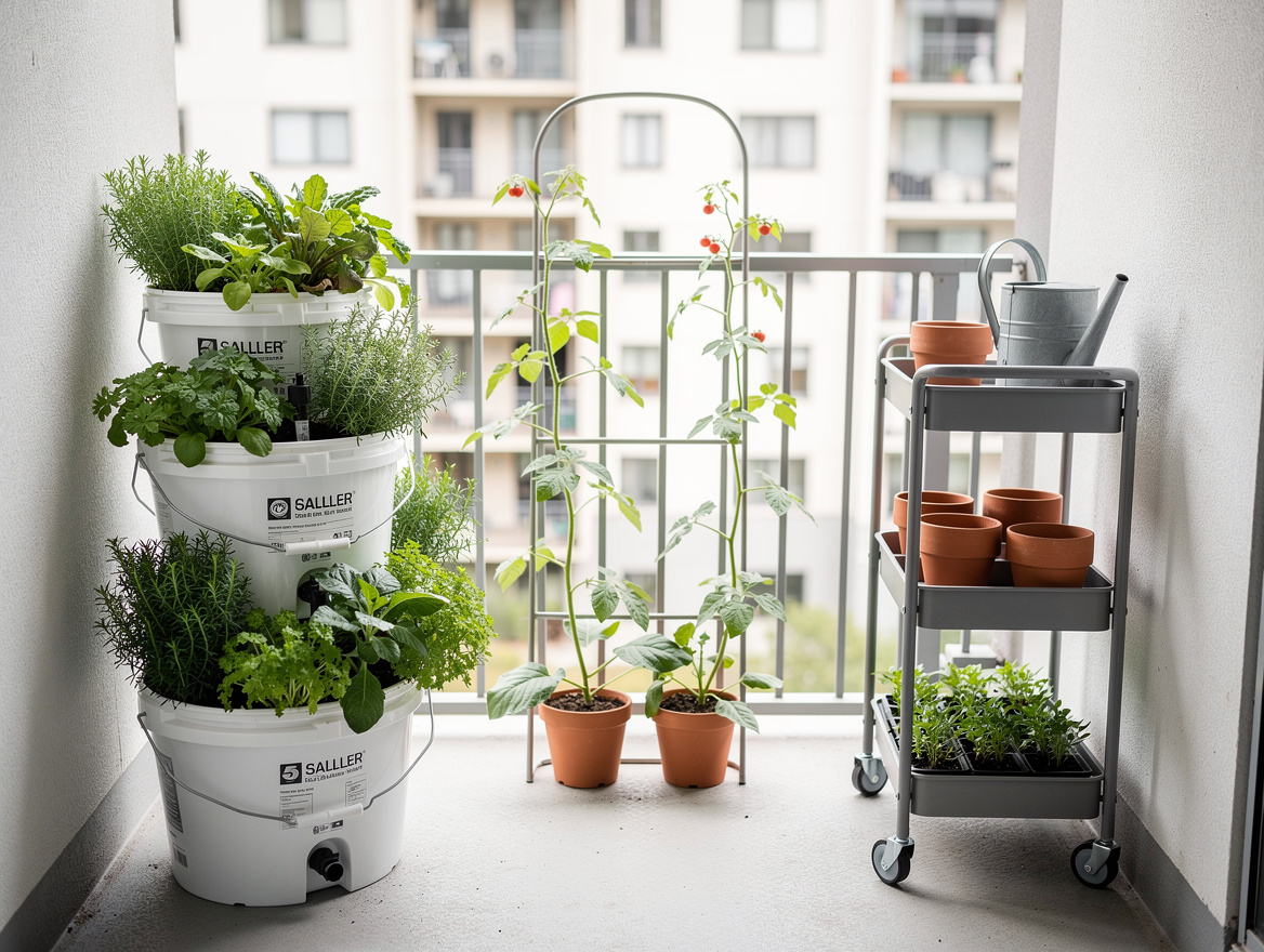 Medium shot of a balcony garden with stacked self-watering 5-gallon bucket plant