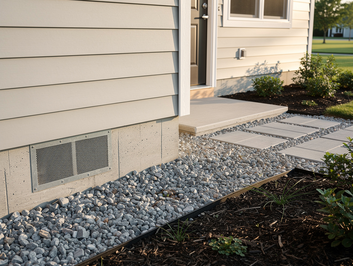 Medium shot of house exterior with 3-foot gravel perimeter around siding, metal