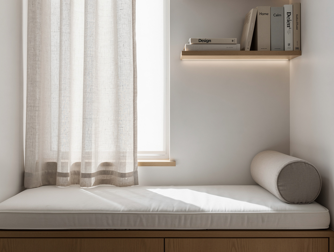 Medium shot of a window reading bench with a foam cushion, bolster pillow, narro