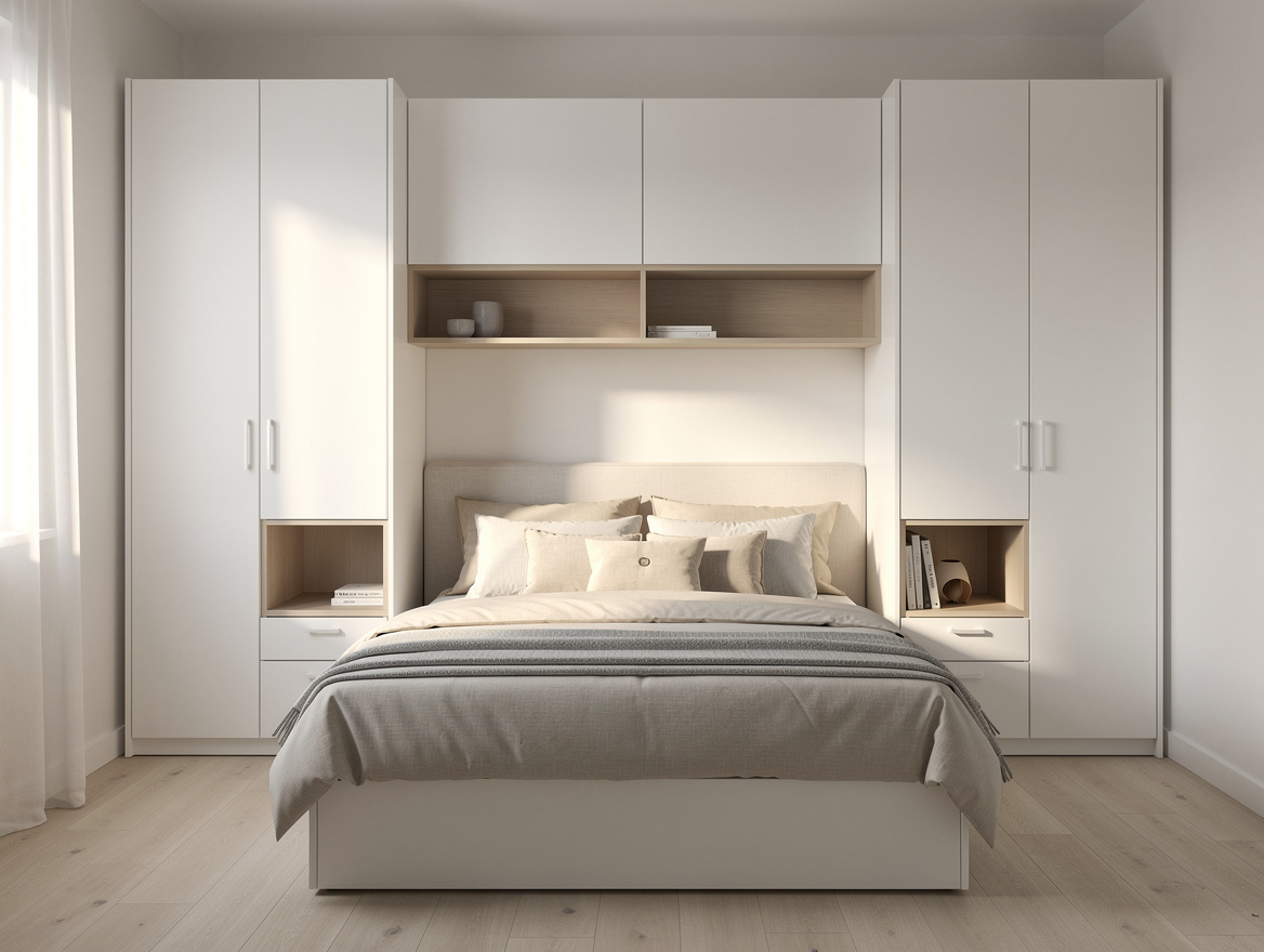 Medium shot of a compact bedroom with a bed flanked by shallow IKEA PAX wardrobe