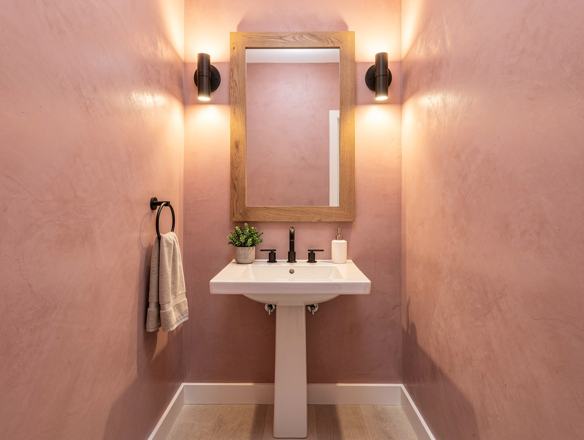 Medium shot of a cozy powder room with soft plaster pink walls, wood mirror, war