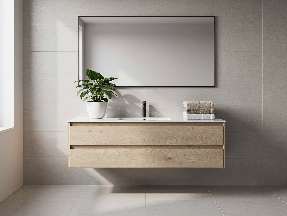 Medium shot of a cozy modern bathroom, floating IKEA-style wood vanity, framed m
