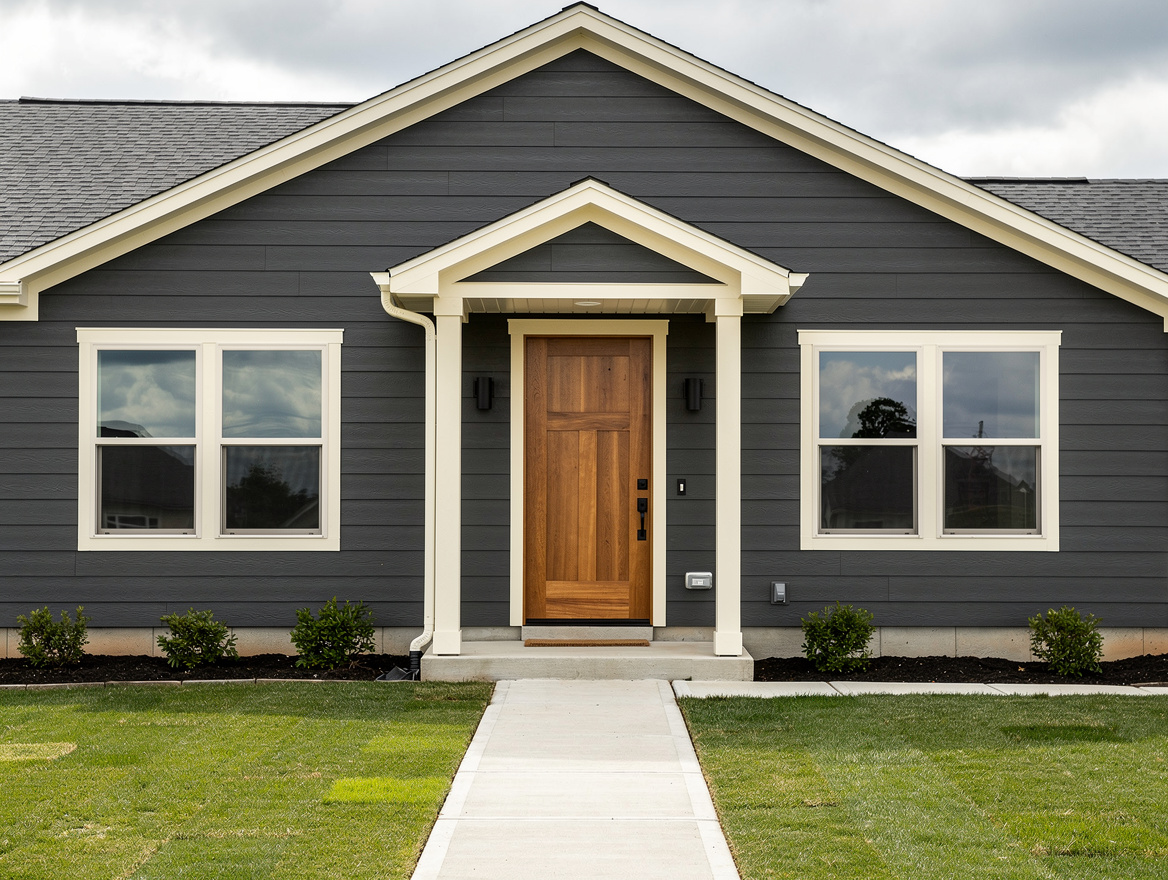 Medium-shot photo of an American home's facade with charcoal siding, creamy whit