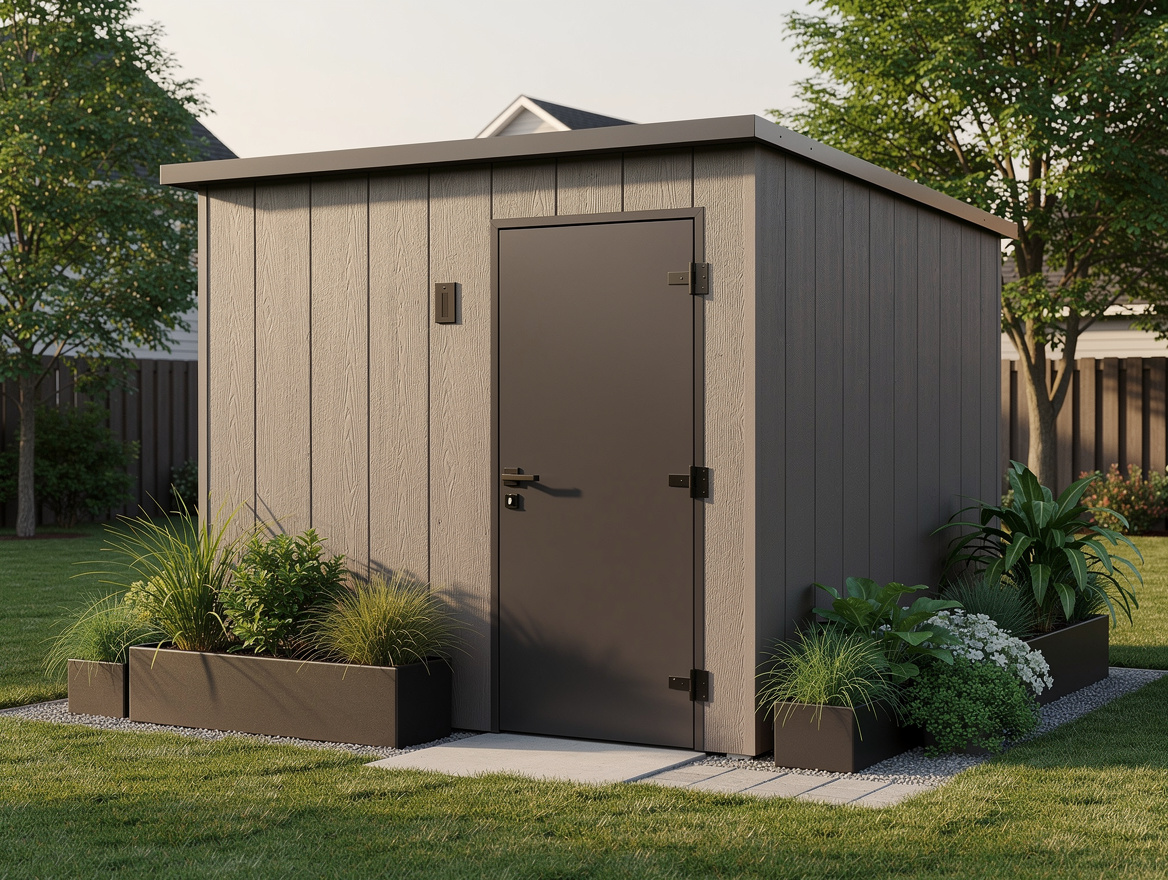 Medium shot of a compact backyard shed in warm gray wood tone with flush door, m