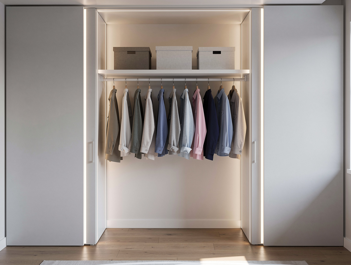 Medium-shot realistic photo of a reach-in closet with vertical LED strips along