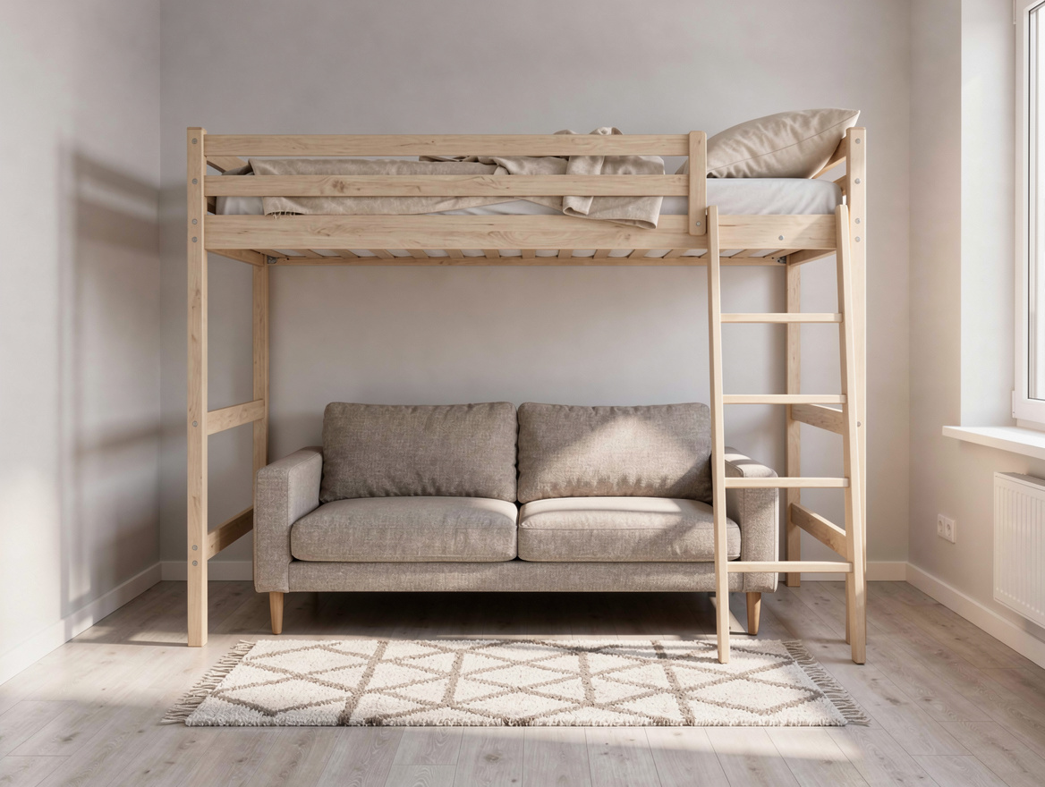 Medium shot of an IKEA-style wood loft bed with a compact loveseat and rug under