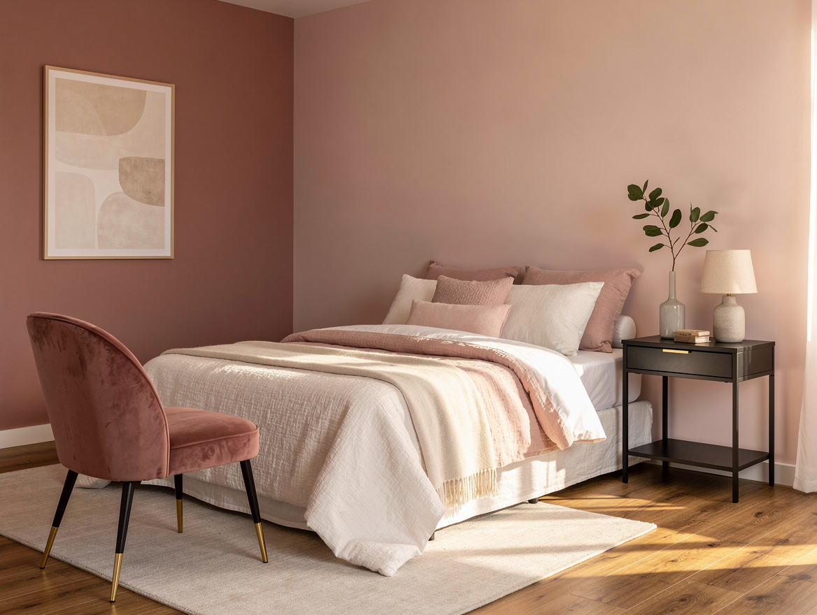 Mid-shot of a pink bedroom with one dusty rose accent wall, velvet chair, black