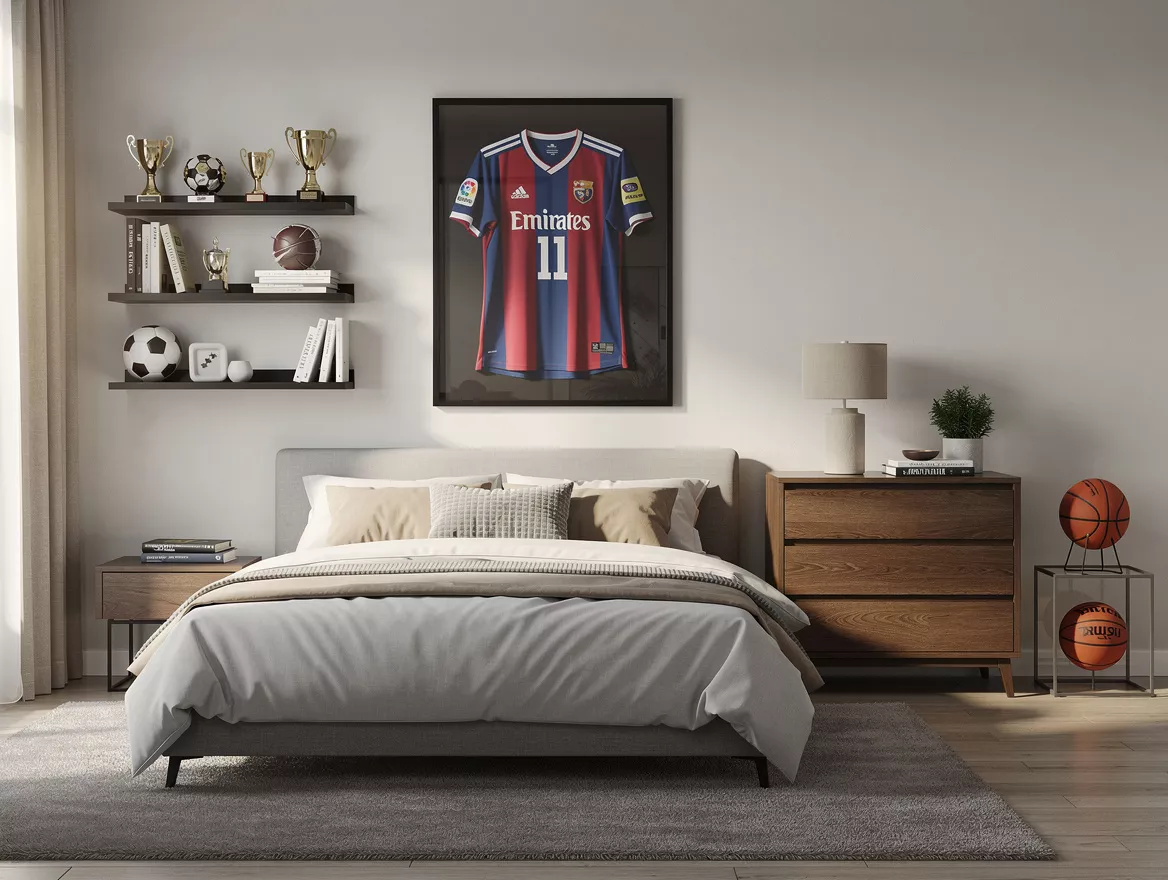 Medium shot of a sporty teenage boy bedroom with framed jersey, neutral bedding,