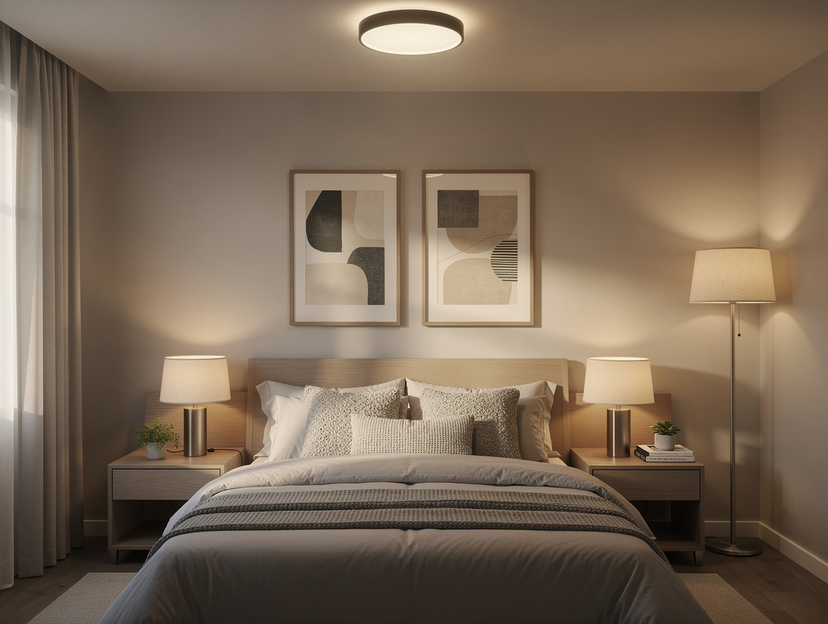 Medium shot of a bedroom with a dimmable flush mount ceiling light, matching bed