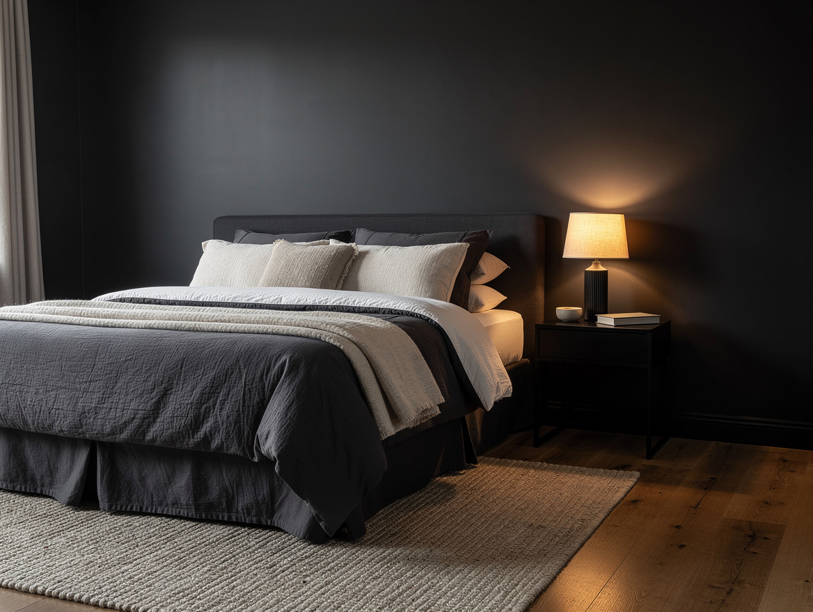 Medium shot of a moody dark bedroom with queen bed, deep charcoal walls, 5x8 rug