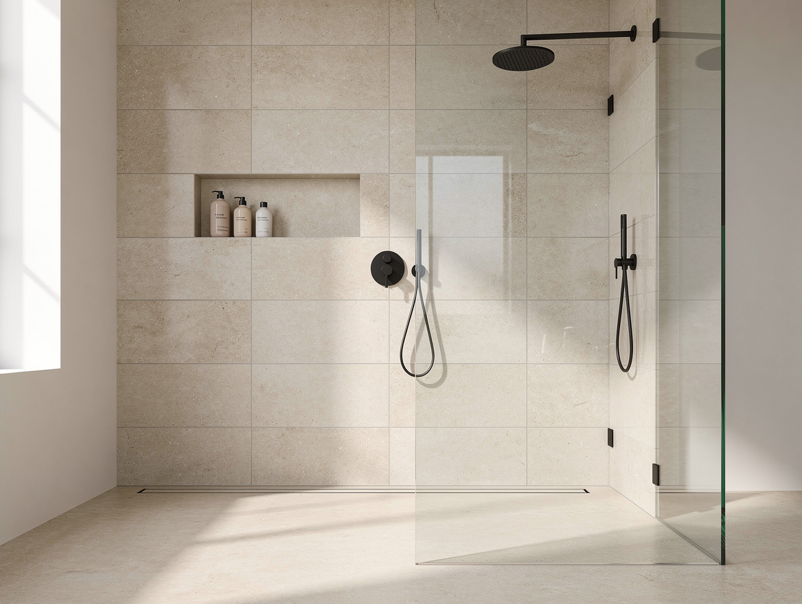 Medium shot of a modern walk-in shower with clear glass panel, large beige porce
