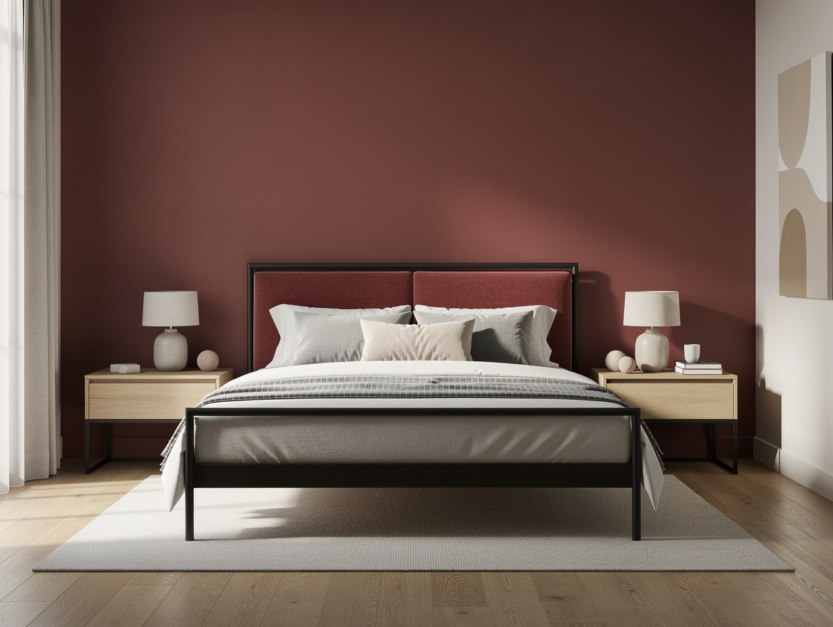 Medium shot of a modern queen bedroom with one muted red accent wall, black bed