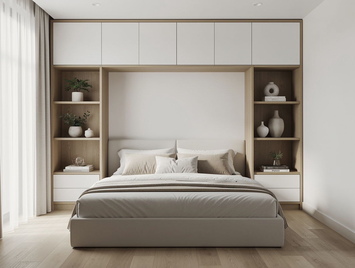 Realistic medium shot of a bedroom with a queen alcove bed framed by overhead ca