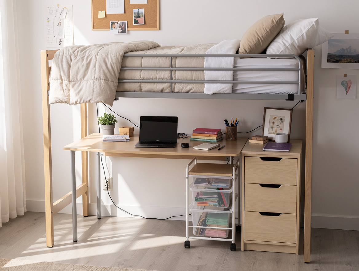 Medium shot of a lofted dorm bed with desk underneath, slim dresser, rolling dra