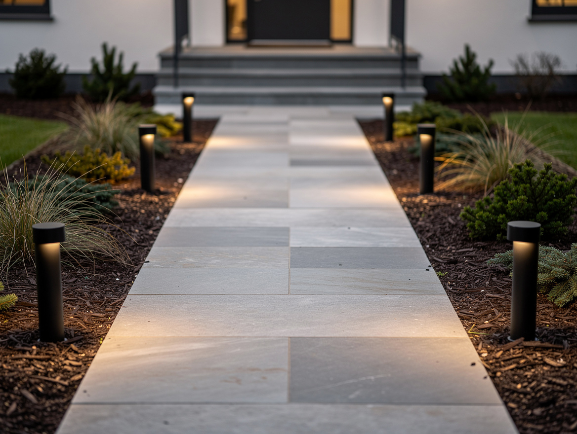 Medium shot of a front walkway lined with matte black solar path lights and low-