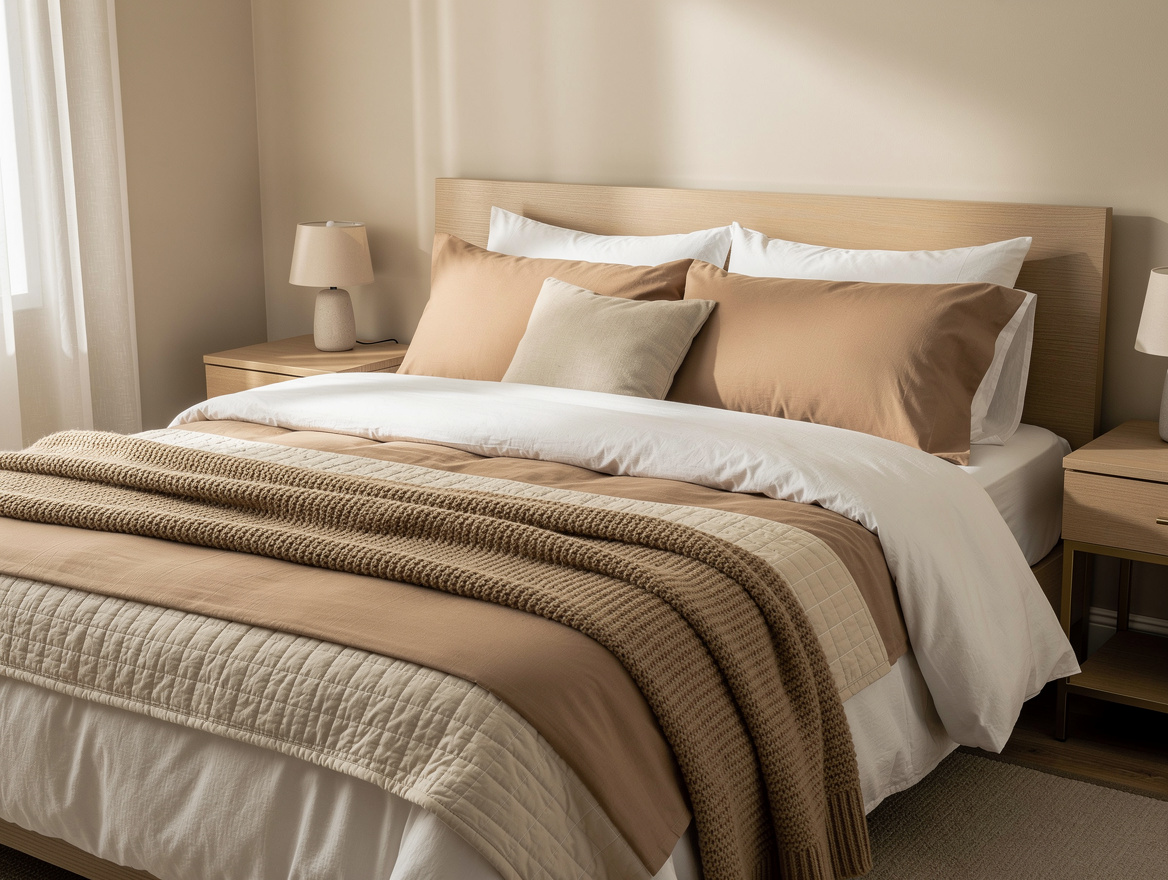 Medium shot of a queen bed styled with warm white sheets, sand duvet cover, quil