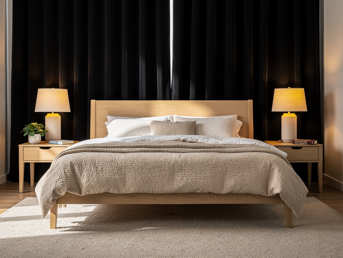 Medium shot of a cozy couple's bedroom with an IKEA-style wood bed, matching nig