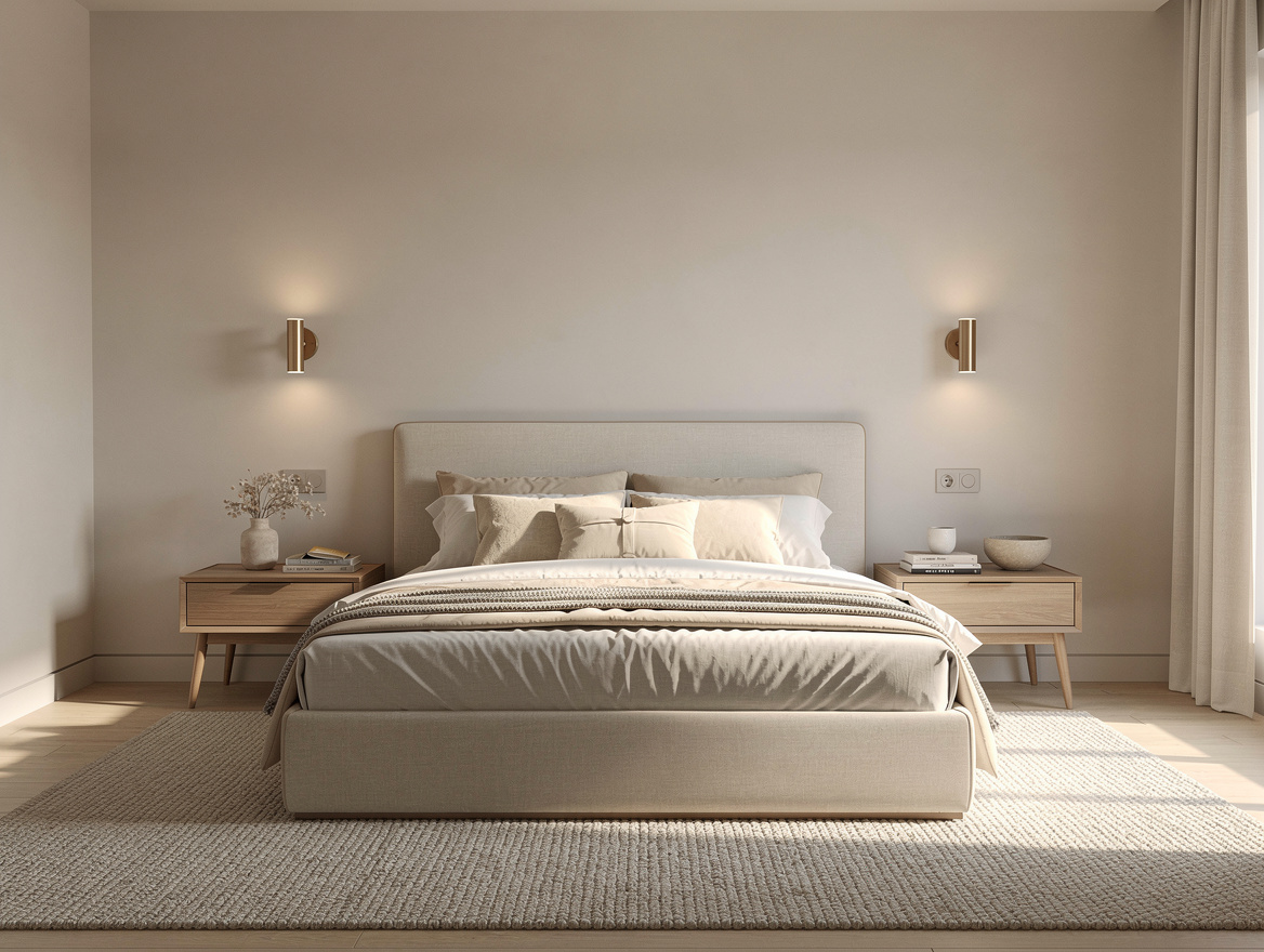 Mid-range interior photo of a stylish bedroom with king bed, matching nightstand