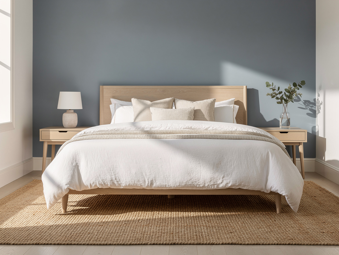 Medium shot of an elegant coastal bedroom with a queen bed, pale oak furniture,