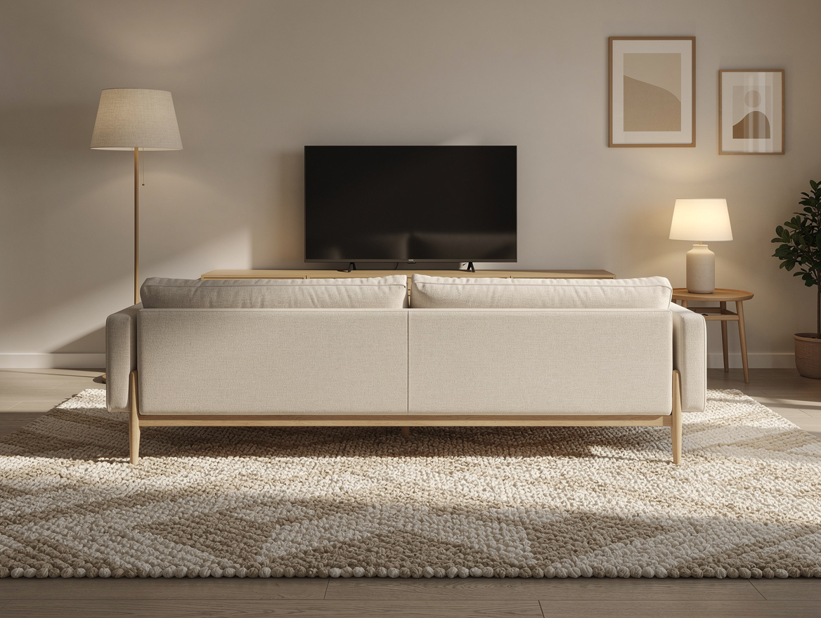 Medium shot of a cozy living room with an IKEA-style low beige sofa, oak media c