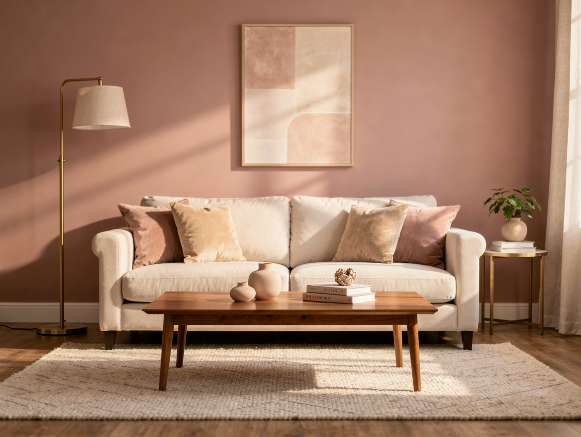 Medium shot of a living room with dusty pink accent wall, ivory sofa, brass floo