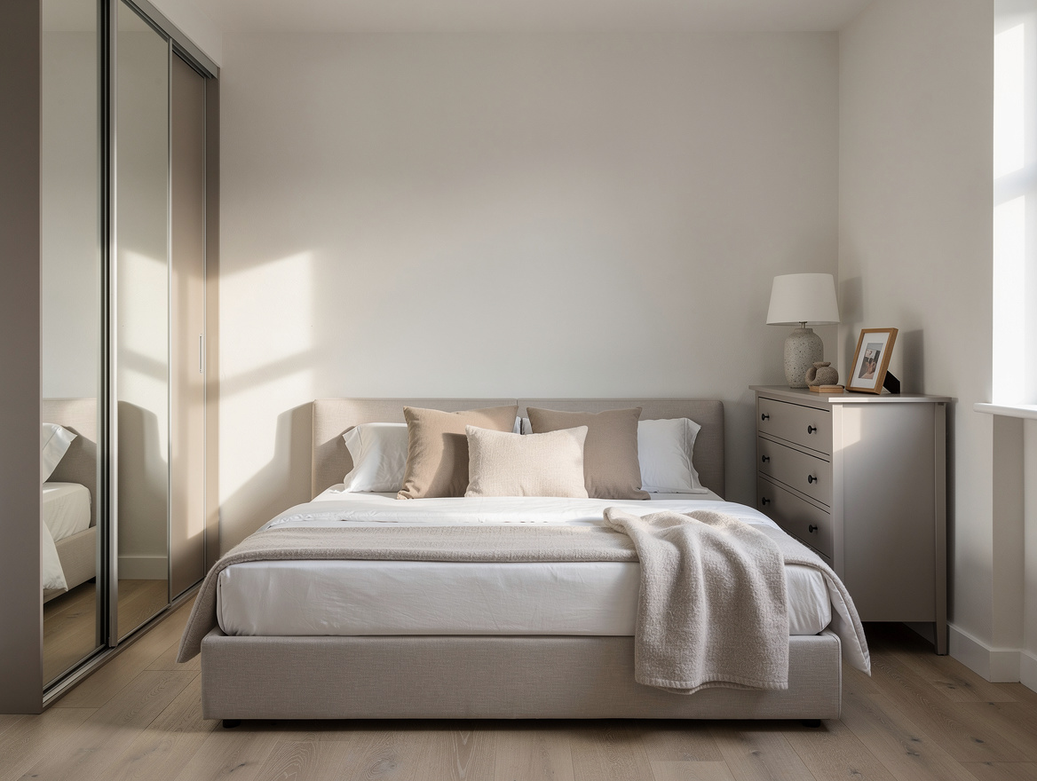 Medium shot of a compact square bedroom with a daybed against the wall, shallow