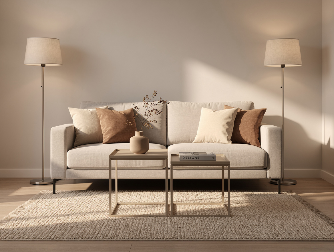 Realistic medium shot of a compact studio living area with a 2-seat sofa, 160x23