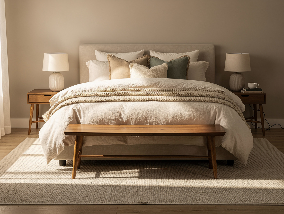 Medium shot of a cozy bedroom with an 8x10 neutral rug under a queen bed, rug ex