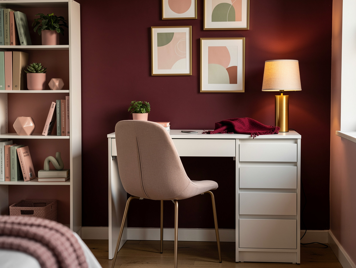 Medium shot of a teen bedroom study corner with an IKEA-style drawer desk, ergon