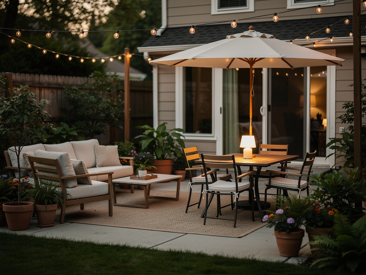 Medium shot of an American patio with a mixed furniture layout, one short line o