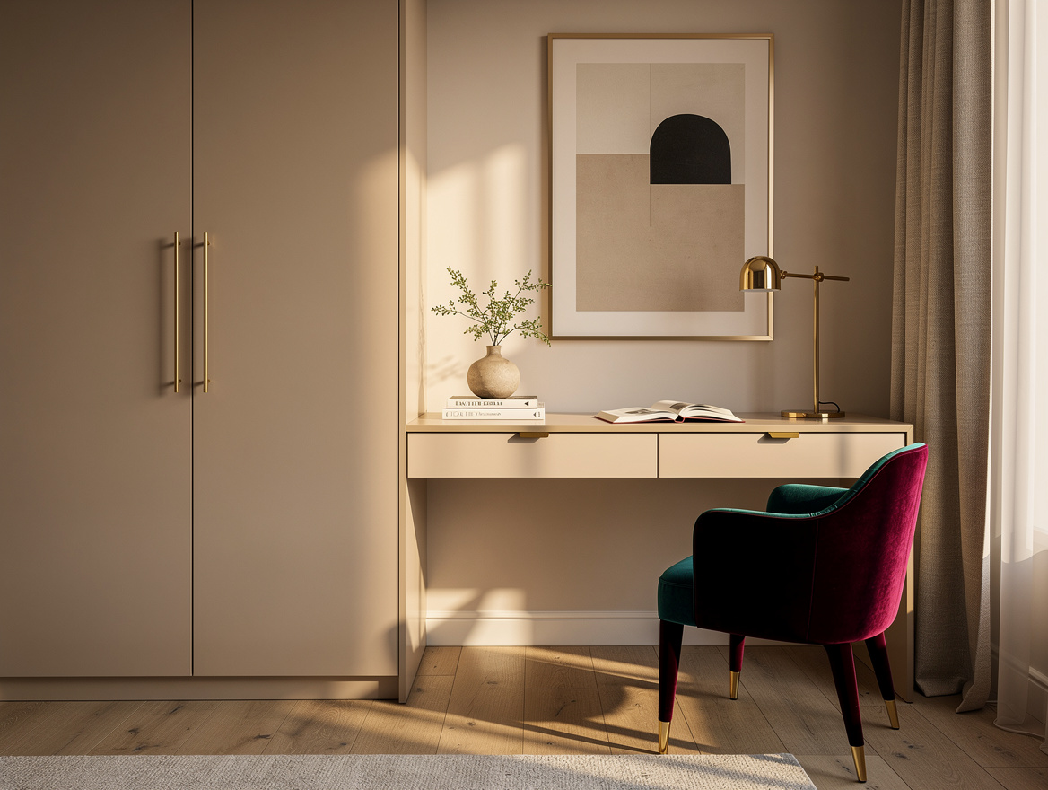 Medium shot of a stylish guest room with lacquered built-in closet, floating des