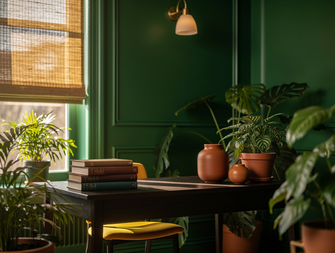 Realistic medium-shot home office with color-drenched moss green walls and trim,
