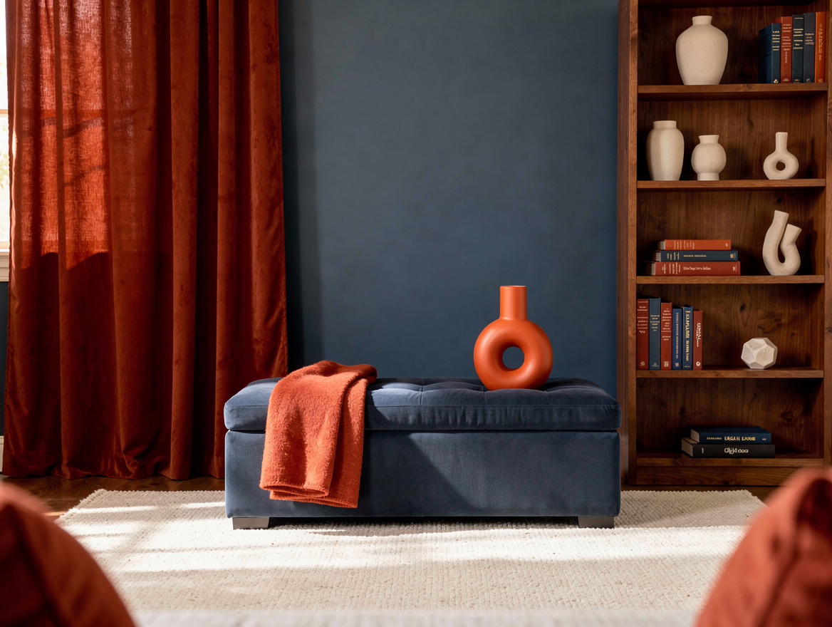 Medium shot of a small living room with a storage ottoman, tall curtains, large
