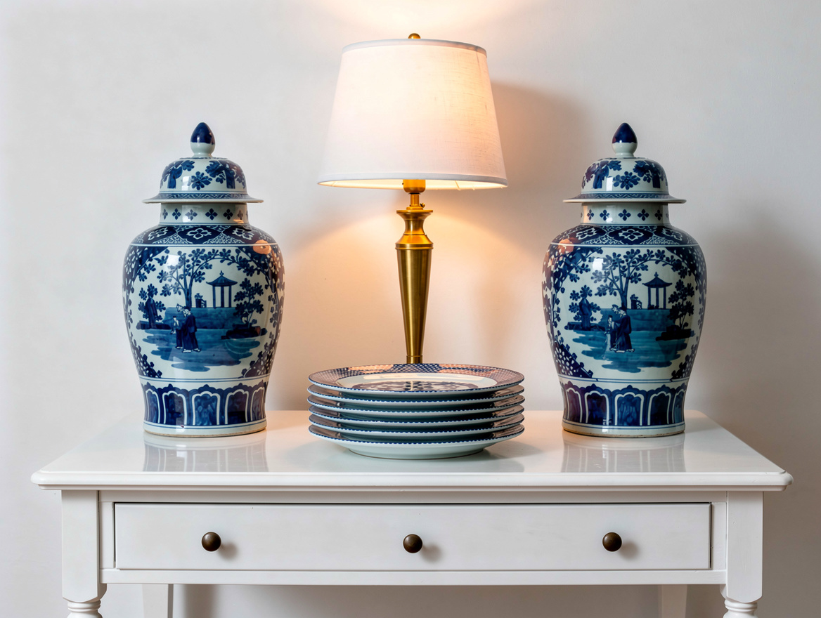 Realistic editorial detail of a white console table styled with a pair of blue-a