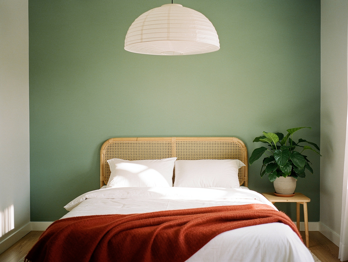 wide shot of a small serene bedroom with paper pendant lamp and rattan headboard