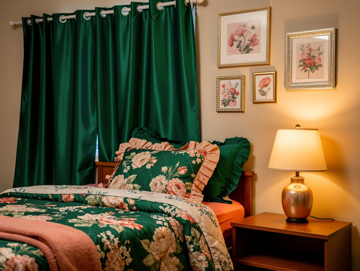 Realistic medium shot of a coquette-inspired dorm corner with floral bedding, sa