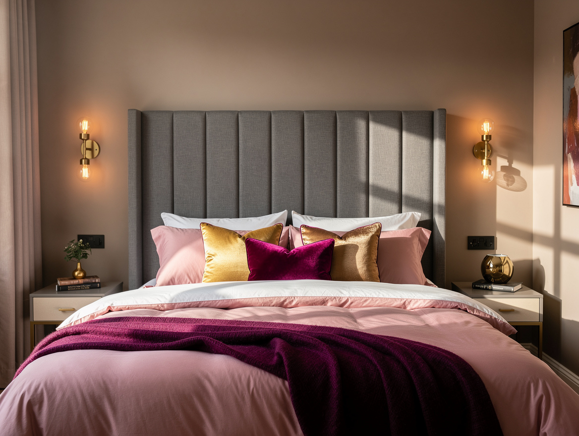 Medium shot of a pink and gray bedroom with a tall gray upholstered headboard, b