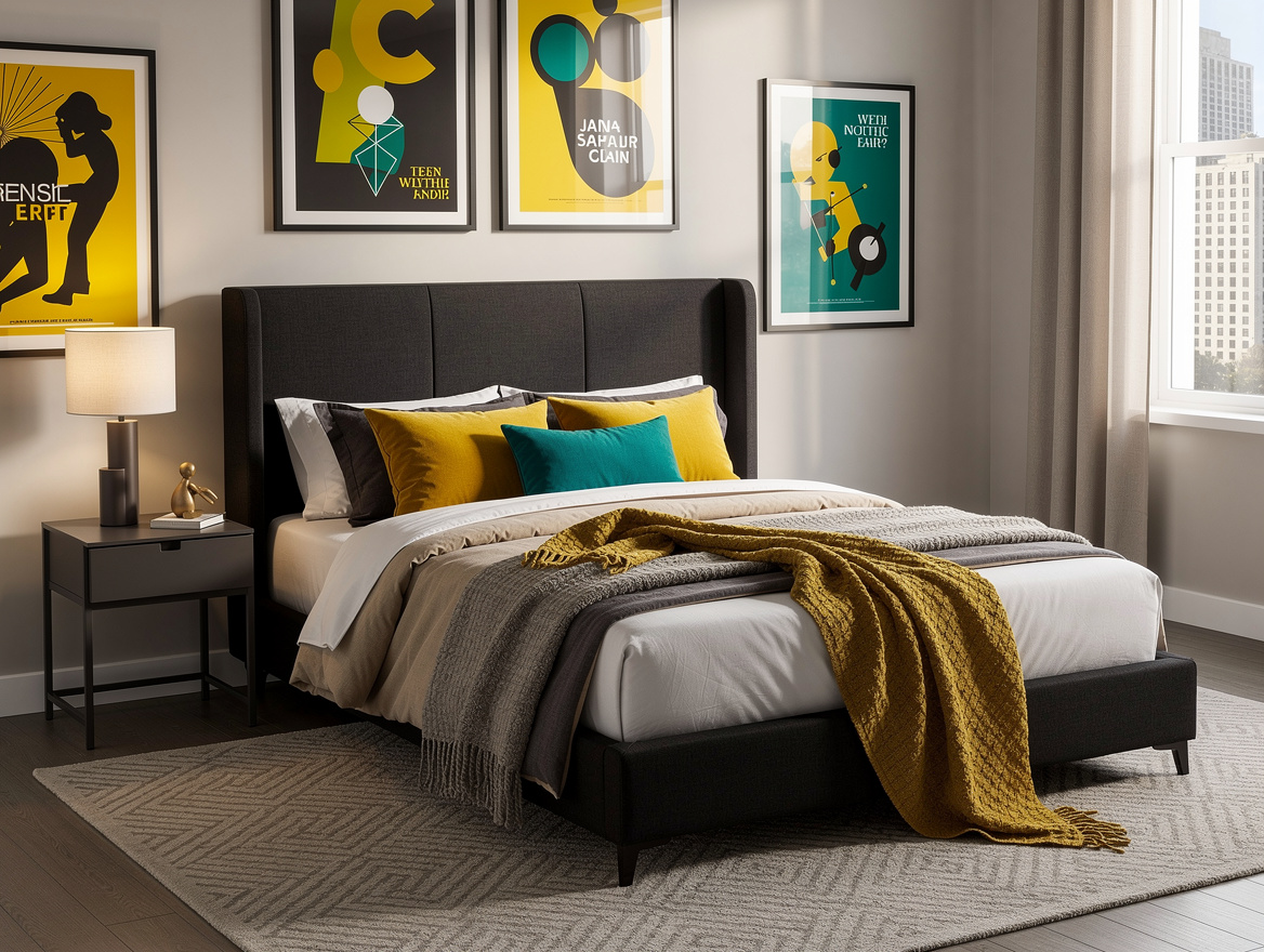 Medium shot of a teen bedroom with a full-size upholstered bed, layered neutral