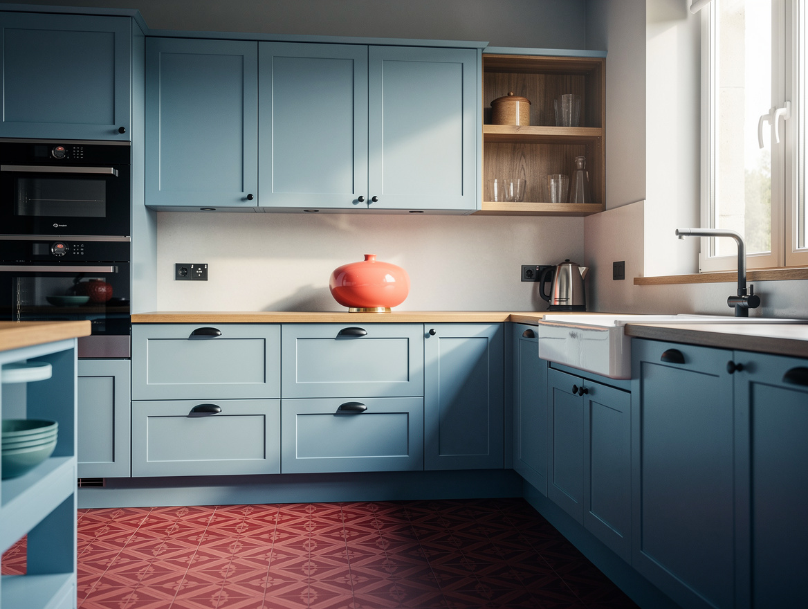 Realistic medium shot of a pale blue kitchen with rust-red patterned floor tile,