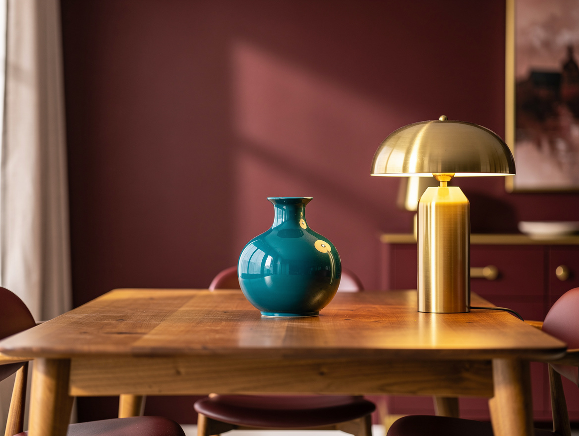 Medium-shot home interior photo of a designer-style dining room corner with deep