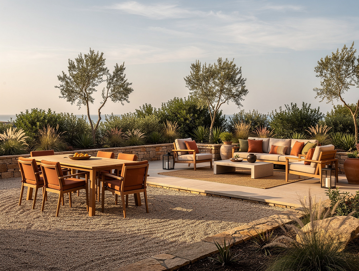 Wide ambiance photo of a resort-style patio with zoned layout, gravel dining are