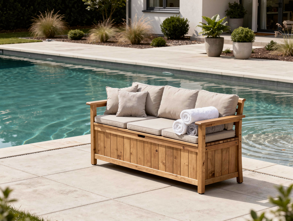 Wide ambient photo of a tidy American pool deck with a handmade outdoor storage