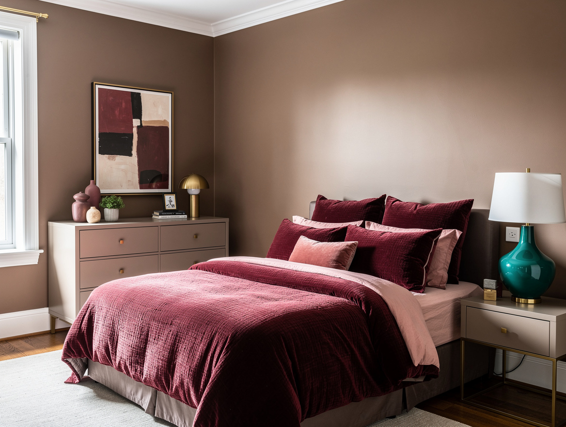 Wide ambient photo of a calm American bedroom with mushroom-colored walls, layer