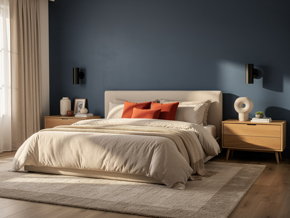 Wide ambient photo of a serene neutral bedroom in an American home, layered beig