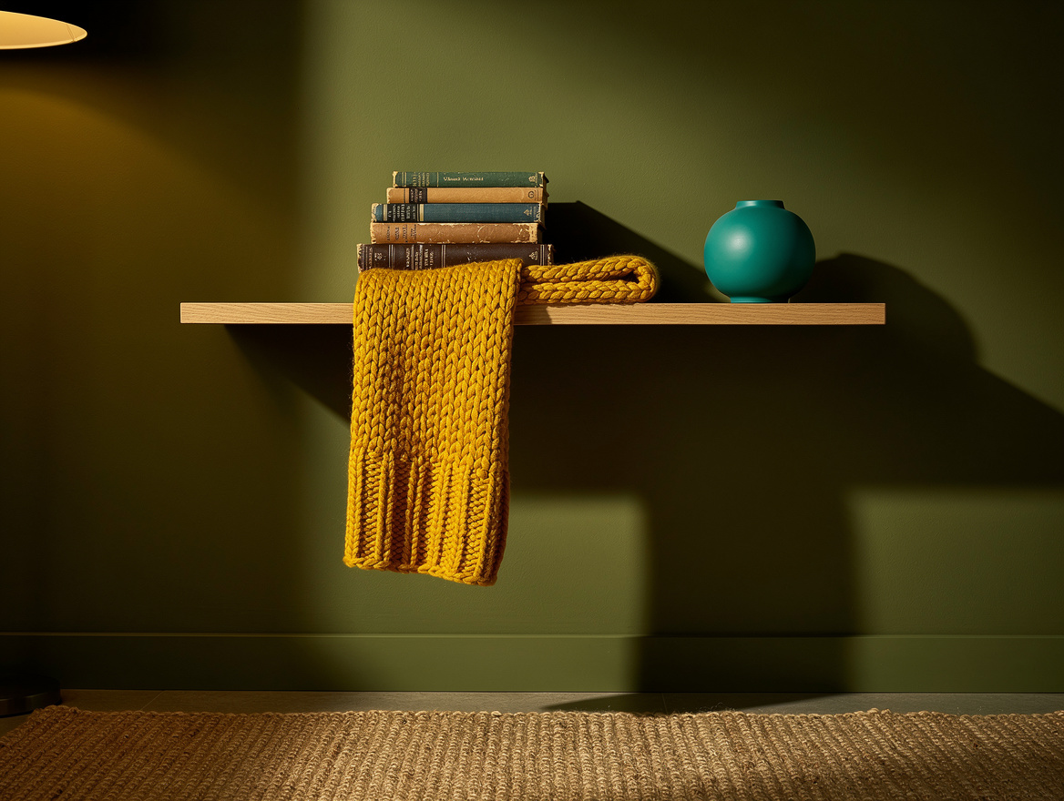 A cozy reading nook wall painted in earthy moss green, oak floating shelf with a