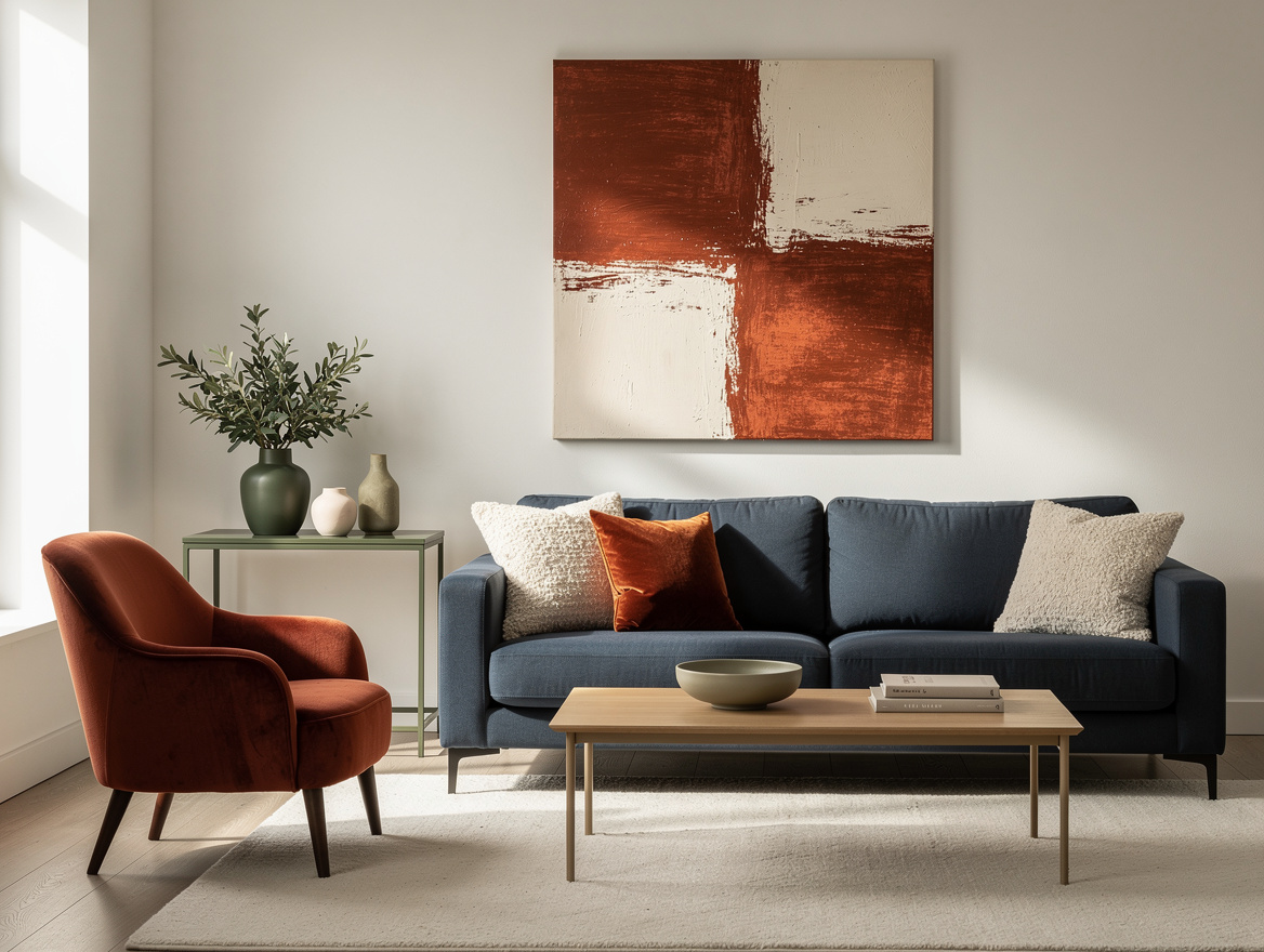 Realistic wide editorial interior photo of a small living room with warm white w