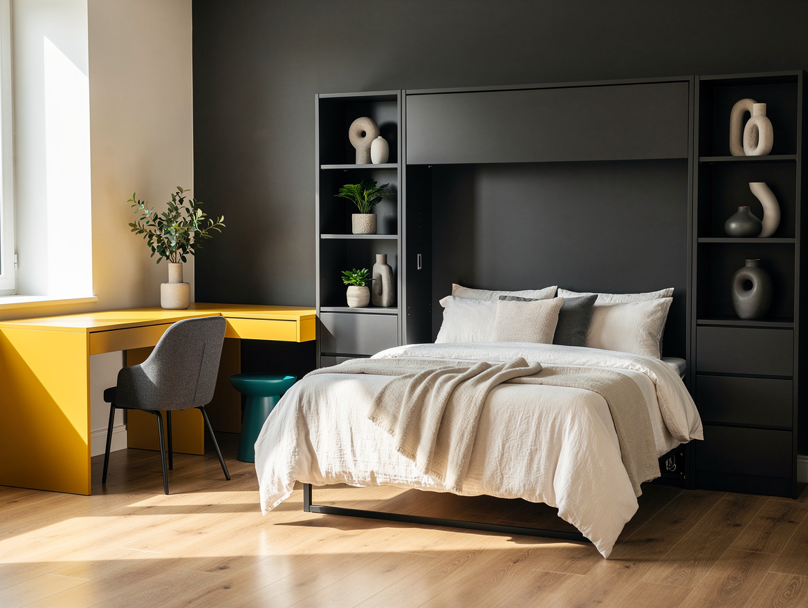 Wide ambiance photo of a small multifunctional room with a stylish Murphy bed fo