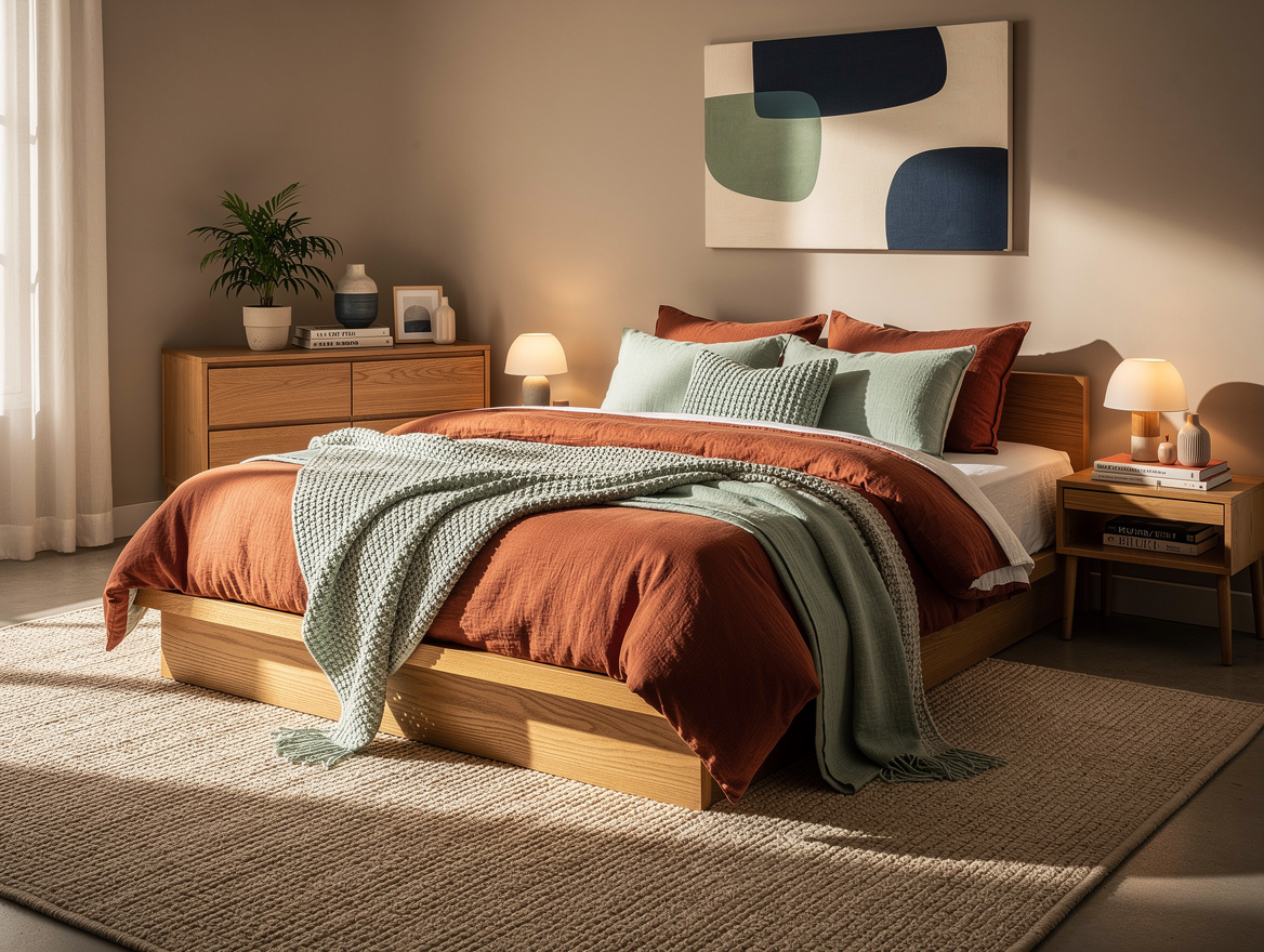 Wide ambiance shot of a cozy modern bedroom with warm neutral paint, large area