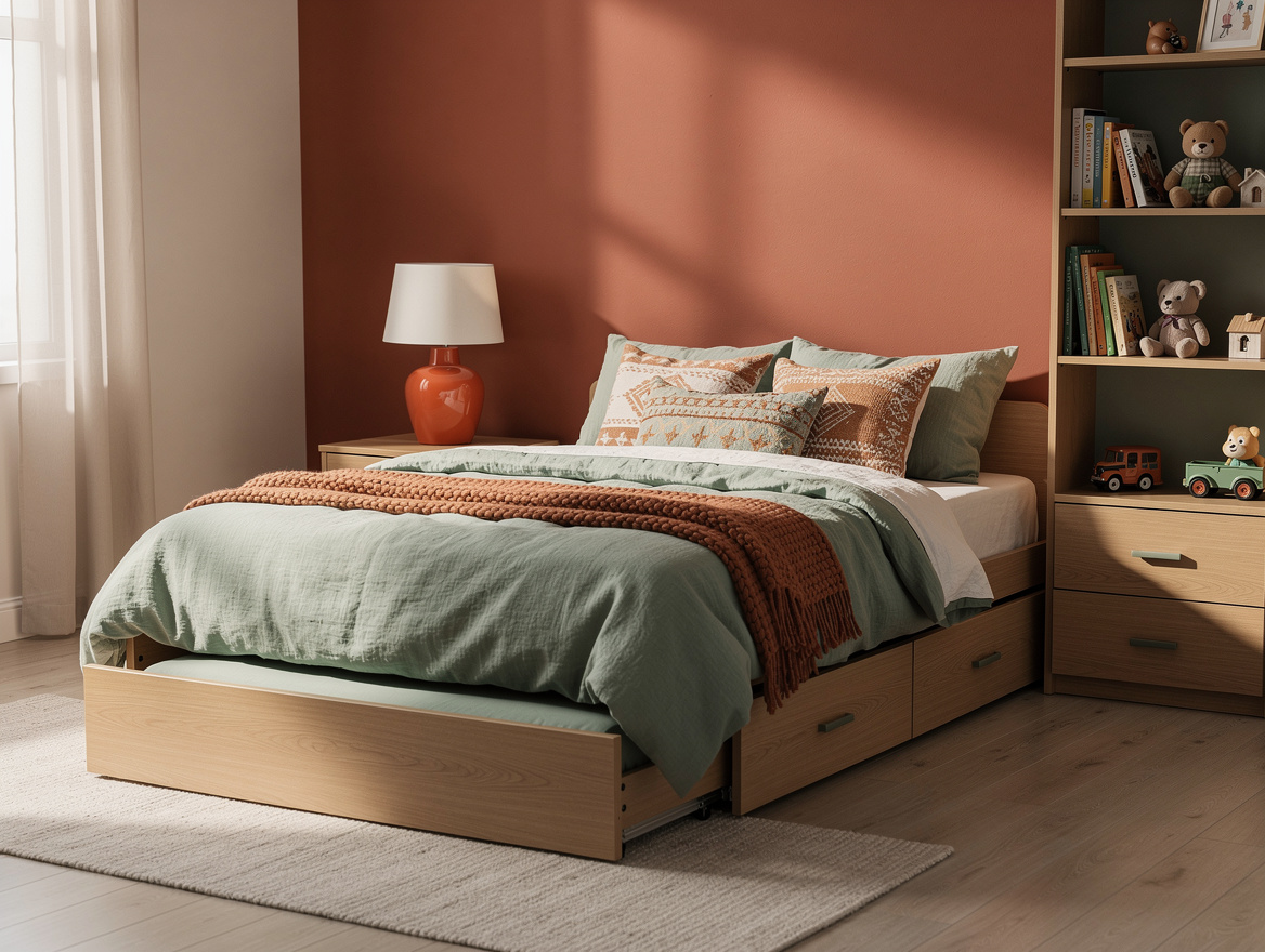 Realistic editorial ambient photo of a kid-friendly room with a twin platform be
